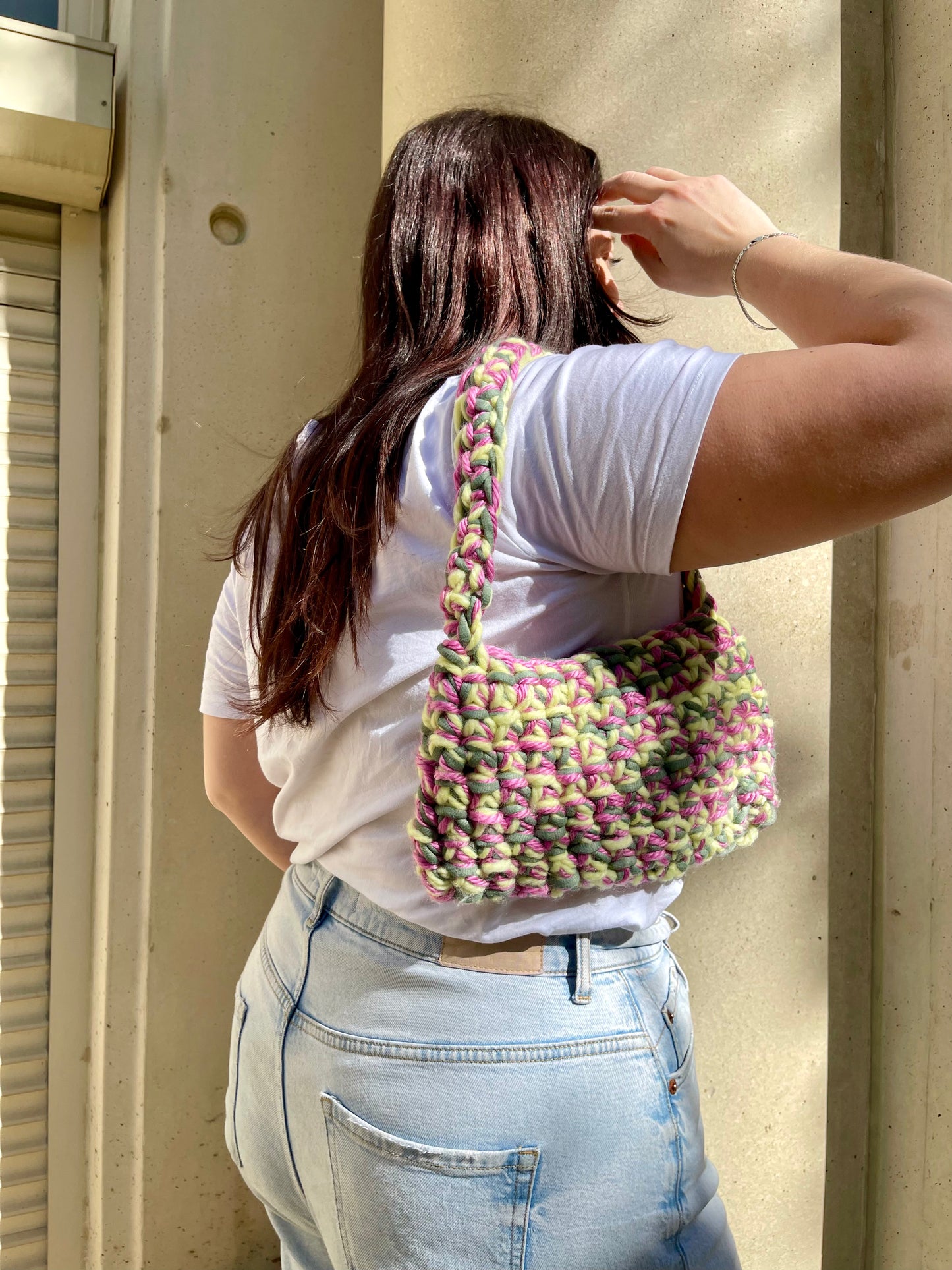 sac crochet vert jaune rose - sac multicolore