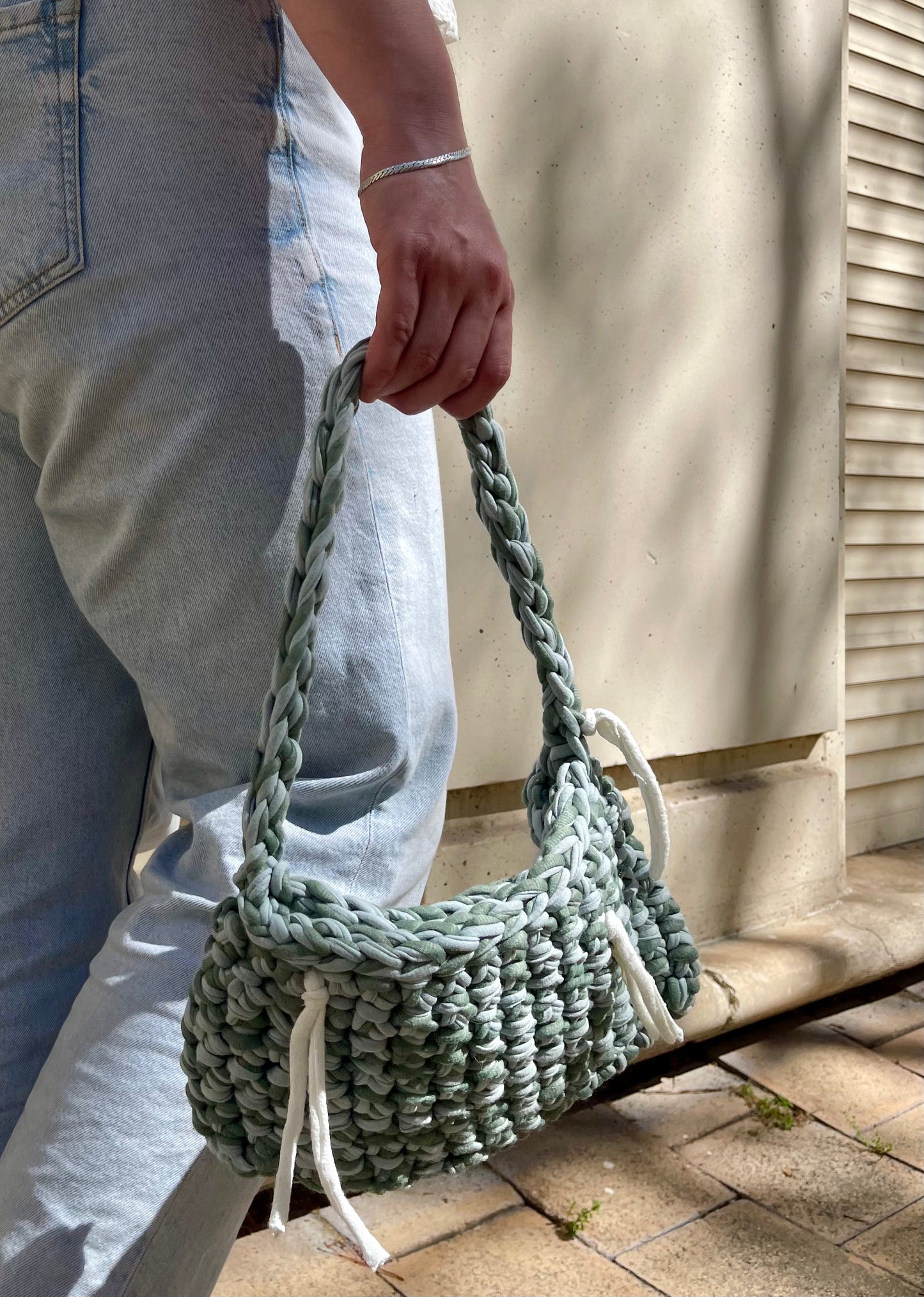 sac crochet vert d'eau et gris
